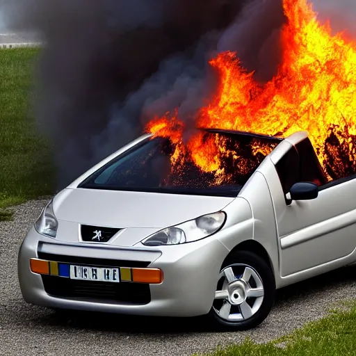 Prompt: High definition, professional photo of a Peugeot 1007 that is on fire, 8k