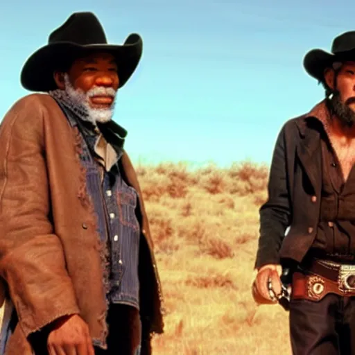 Prompt: an film still of morgan freeman as cowboy with beard, western background