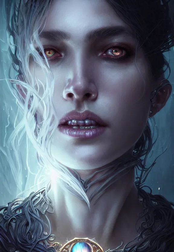 Image similar to Necromancer Sorceress face close-up macro in center, fantasy magic, undercut hairstyle, dark light night, intricate, elegant, sharp focus, illustration, highly detailed, digital painting, concept art, matte, art by WLOP and Artgerm and Greg Rutkowski and Alphonse Mucha, masterpiece