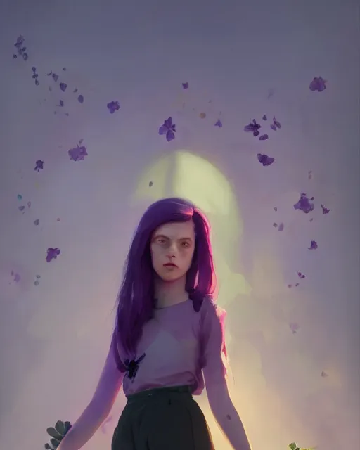 Prompt: girl with purple hair and black skirt, flower decoration on the background, a beautiful half body illustration, backlit, harsh overhead sunlight, art by piotr jablonski and sergey kolesov