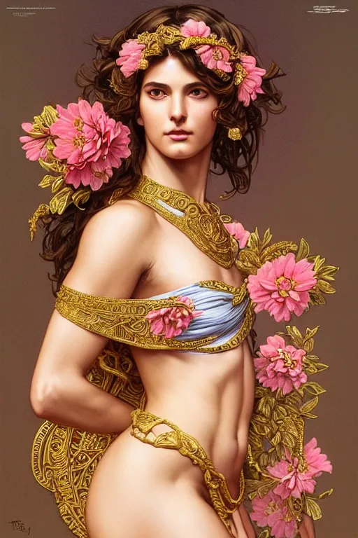 Image similar to body portrait of beautiful greek goddess, wearing an ornate toga with intricate floral patterns, by terry o'neill intricate, elegant, highly detailed, digital painting, glistening skin, artstation, concept art, smooth, sharp focus, bold lighting, illustration, art by artgerm and greg rutkowski and alphonse mucha, 8 k