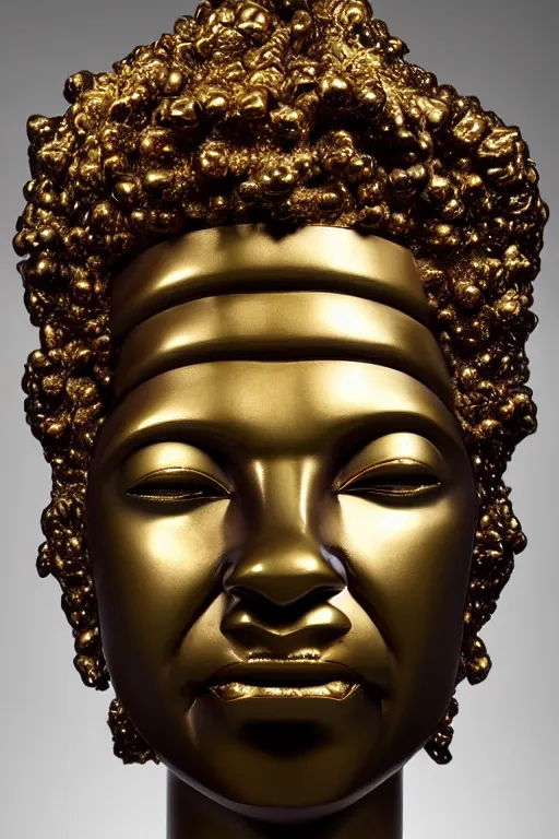 Prompt: sculpture of nubian god of gold and wealth, sculpted in shining ebony, rococo, in the style of moebius, artstation, greg rutkowski, artgerm, rockwell, wlop, tom bagshaw, and waterhouse, purple skin, perfect face, expressive eyes, sharp focus, cinematic lighting, beautiful, elegant,