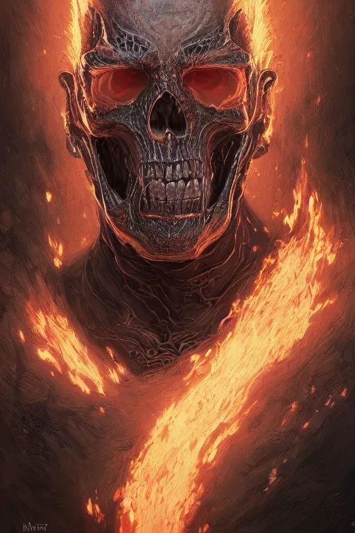 Image similar to Portrait of James Hetfield face transforming in Ghost Rider, marvel comics, dark, intricate, highly detailed, smooth, artstation, digital illustration by Ruan Jia and Mandy Jurgens and Artgerm and Wayne Barlowe and Greg Rutkowski and Zdislav Beksinski