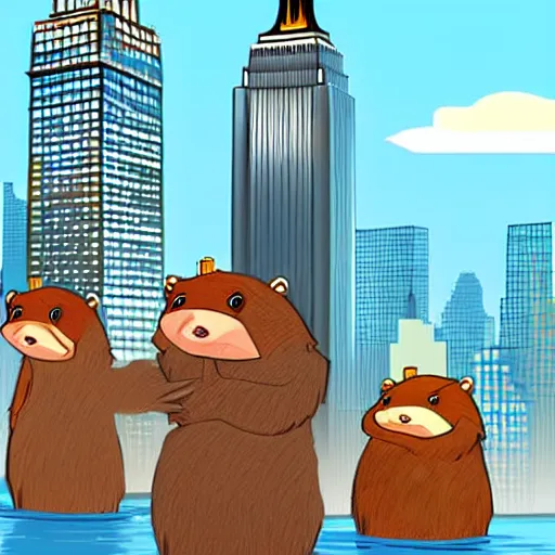 Image similar to digital concept art of anthropomorphic beavers as construction builders that building empire state building from sticks