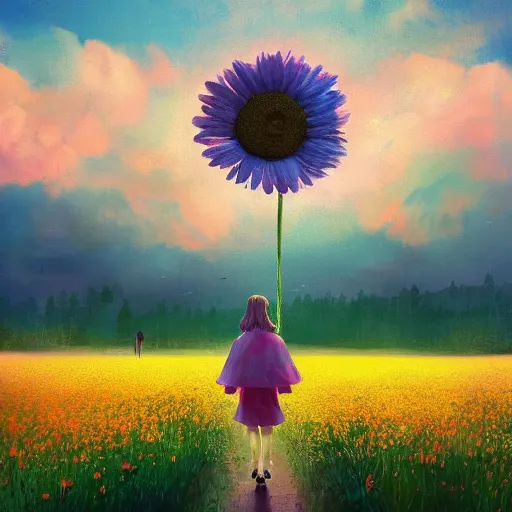 Image similar to giant daisy flower as a head, girl walking in flower field, surreal photography, sunrise, dramatic light, impressionist painting, colorful clouds, digital painting, artstation, simon stalenhag