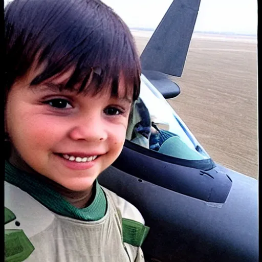 Prompt: Selfie of child joyriding in stolen fighter jet