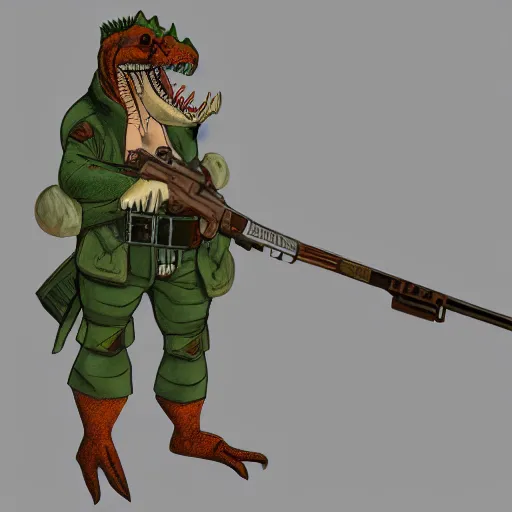 Image similar to concept art, crocodile holding guns, character, 4k, prideful stance, portrait