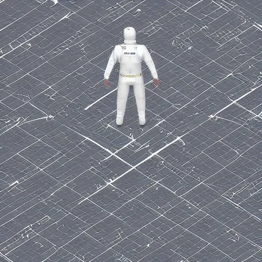 Prompt: man in silver space suit, walking on an industrial catwalk suspended in the darkness of space, surrounded by stars, photograph, isometric view