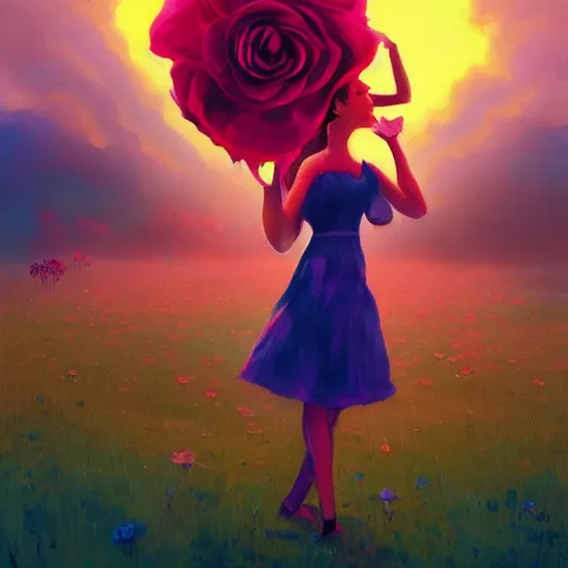 Image similar to portrait, giant rose flower head, girl dancing in a suit, surreal photography, sunrise, blue sky, dramatic light, impressionist painting, digital painting, artstation, simon stalenhag