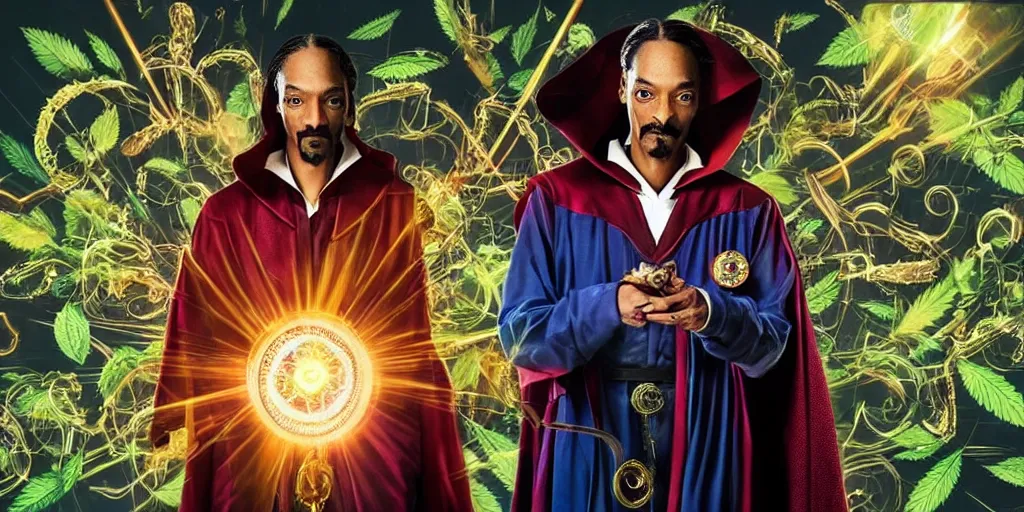 Image similar to snoop dogg as the doctor strange, marijuana leaves, green light, highly detailed, marvel cinematic universe, mcu, photo