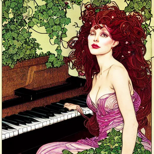 Prompt: a beautiful portrait of poison ivy playing a piano with vines and singing in a jazz club, female, in the style of magic the gathering, intricate, elegant, highly detailed, digital painting, artstation, concept art, matte, sharp focus, illustration, art byby rebecca guay and by arthur rackham and by alphonse mucha and by john william waterhouse