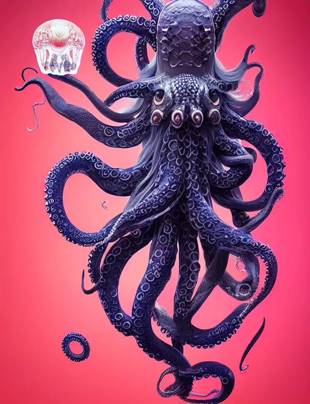 Image similar to 3 d goddess octopus half - turn portrait with long hair with ram skull. beautiful intricately detailed japanese crow kitsune mask and clasical japanese kimono. betta fish, jellyfish phoenix, bio luminescent, plasma, ice, water, wind, creature, artwork by tooth wu and wlop and beeple and greg rutkowski