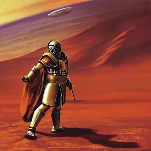 Prompt: roman gladiator, on mars, expanse in background, pulp science fiction illustration