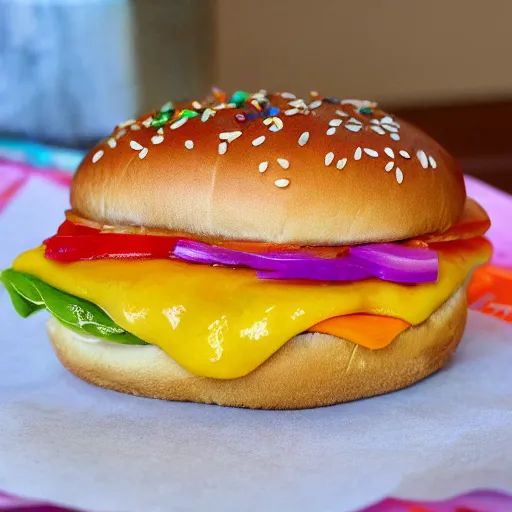 Prompt: a lisa frank cheeseburger