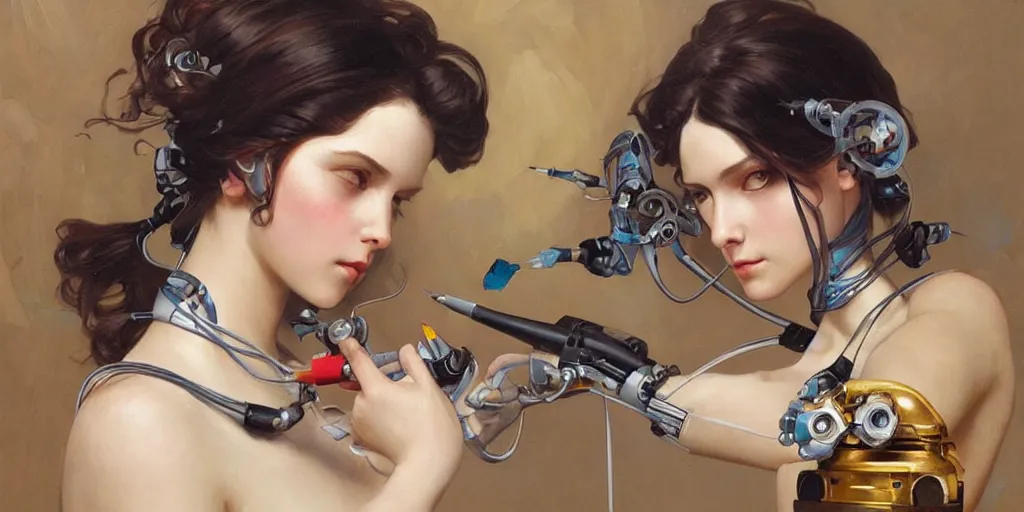 Image similar to female robot holding paintbrush, cybernetic paintbrush, robotic arm, incredibly detailed face, pretty face, true anatomy, art by artgerm and greg rutkowski and alphonse mucha