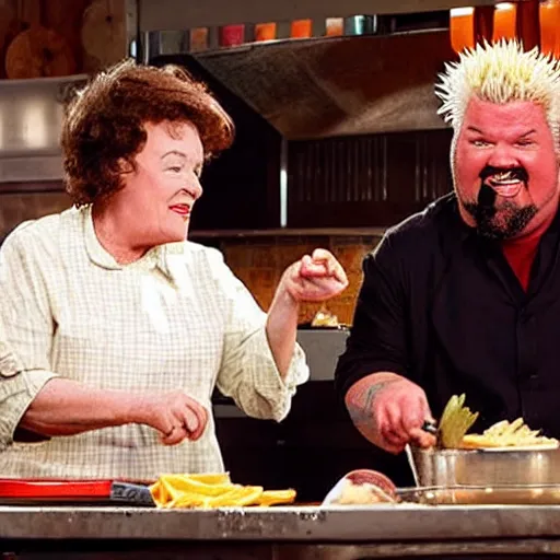 Prompt: movie still of julia child and guy fieri cooking show