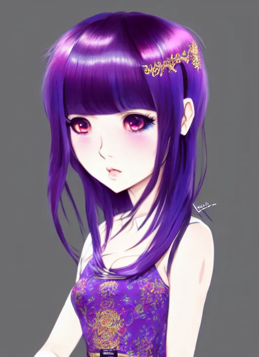 Prompt: full body illustration of an ulzzang korean girl purple hair with hime cut bangs, head slightly tilted, wearing an ornate cheongsam, ilya kuvshinov, anime, pixiv top monthly, trending on artstation, cinematic, danbooru, zerochan art, kyoto animation