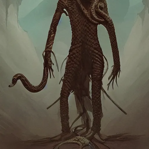 Prompt: a mumie with a snake head, bound to a totem, by greg rutkowski, in the style of magic the gathering