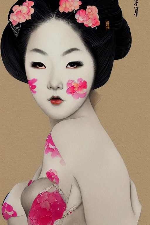 Prompt: pretty seductive geisha, digital art, 8k, character, realistic, portrait, photorealism, japan watercolour, masterpiece art