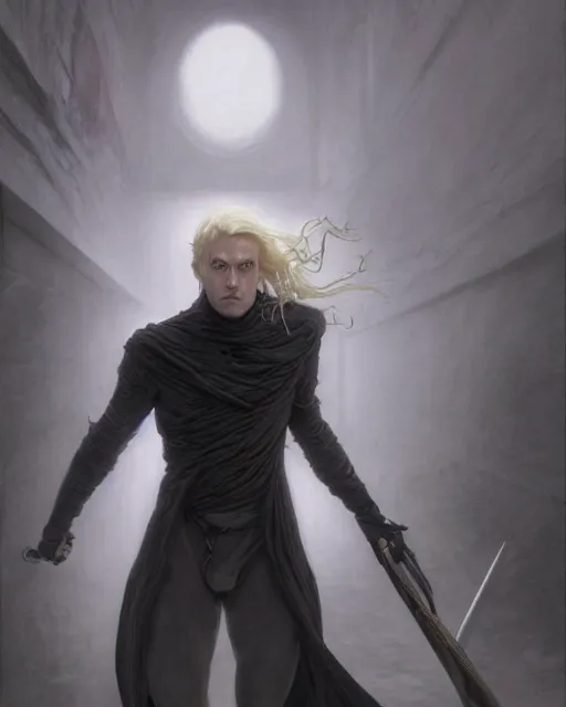 Prompt: male rogue changeling, black clothes, blond hair, grey skin, dnd character, stuning 3 d render, masterpiece, glowing aura, by donato giancola and greg rutkowski and wayne barlow and zdzisław beksinski, realistic face