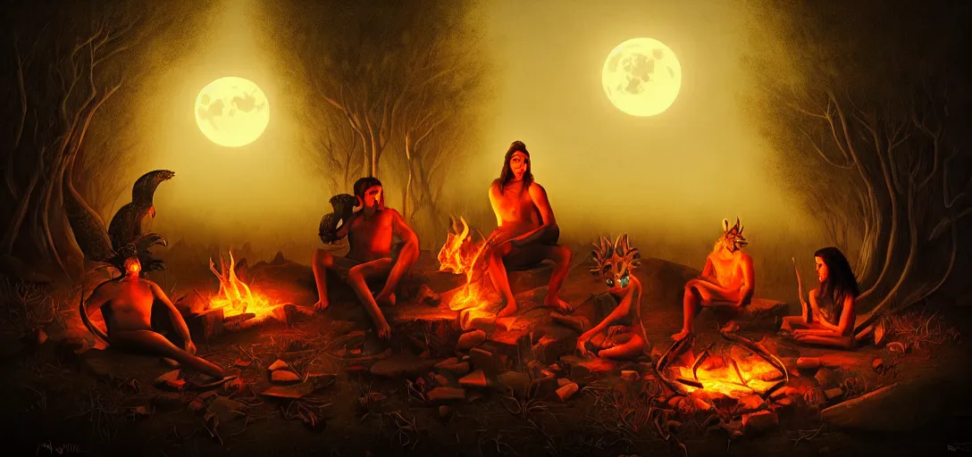 Image similar to strange mythical beasts of sitting around a fire under a full moon, surreal dark uncanny painting by ronny khalil