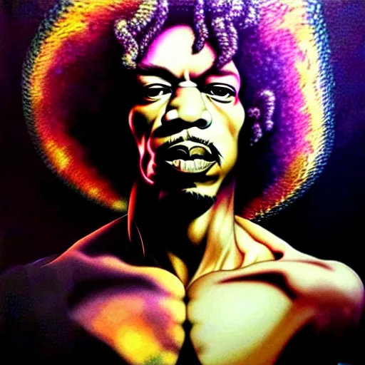 Image similar to uhd photorealistic portrait of albino jimi hendrix, by amano, ayami kojima, greg rutkowski, lisa frank, mark brooks, and karol bak, masterpiece, cinematic composition, dramatic pose, studio lighting, correct face, hyperdetailed, intricate details