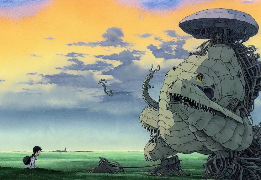 Prompt: a hyperrealist watercolor concept art from a studio ghibli film showing a giant grey mechanized crocodile from howl's moving castle ( 2 0 0 4 ). stonehenge is under construction in the background, in the rainforest on a misty and starry night. a ufo is in the sky. by studio ghibli