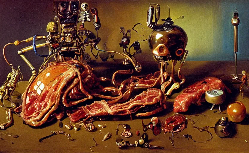 Image similar to strange robot body, disturbing colorful oil painting dutch golden age vanitas still life sparse composition with bizarre objects strange gooey transparent surfaces shiny metal reflections bizarre mutant meat insects rachel ruysch dali todd schorr very detailed perfect composition rule of thirds masterpiece canon 5 0 mm, cinematic lighting, photography, retro, film, kodachrome