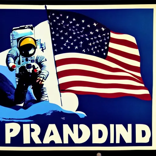 Image similar to americanized propaganda poster, moon landing