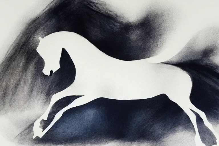 Image similar to bautiful serene horse, healing through motion, minimalistic ink aribrush painting on white background