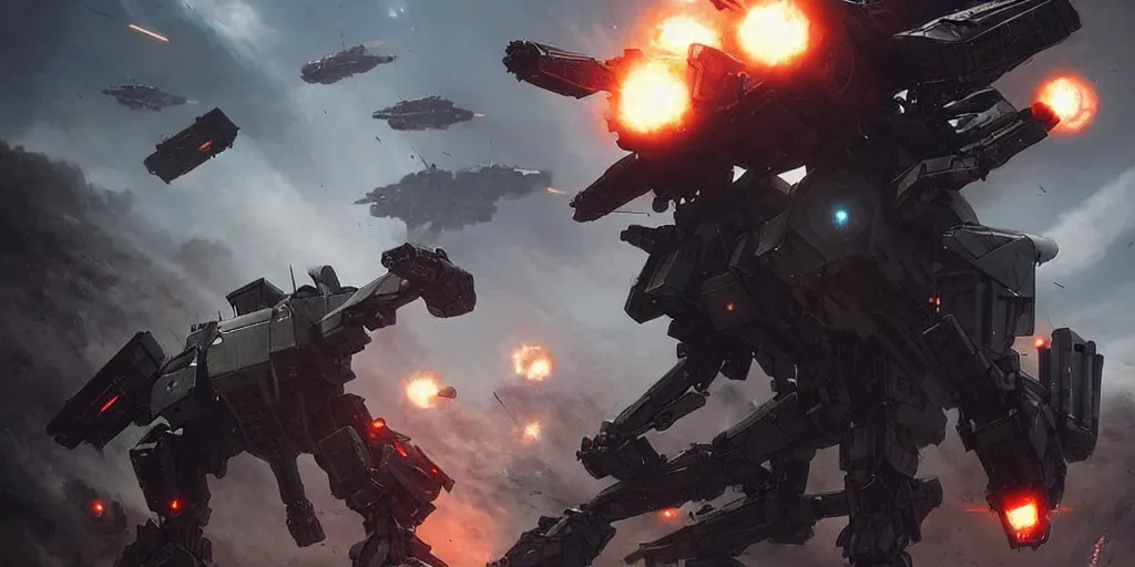 Image similar to an armored core v on the ground, booster flares, legs, laser rifles, karst landscape ; cinematic contrast, dynamic backlighting, sharp edge, motion blur, art by greg rutkowski