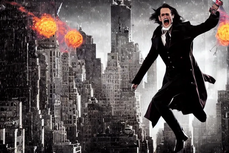 Prompt: vfx movie suave handsome grinning vampire with long white hair, trench coat, dual wielding large revolvers, leaping into the air, low gravity in a shattered reality of new york city, by emmanuel lubezki