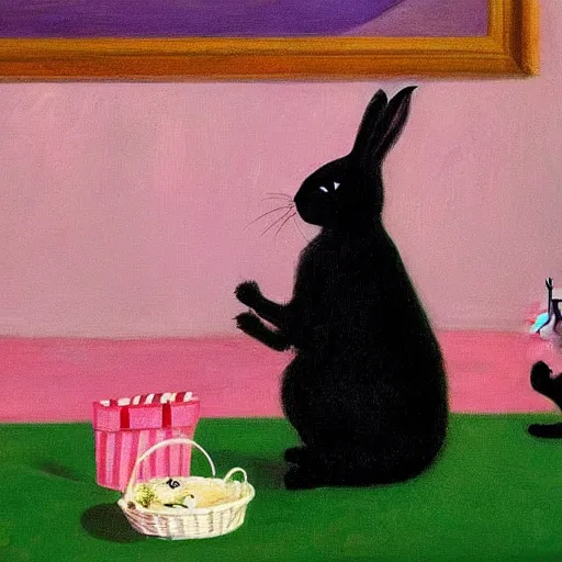 Image similar to black cat having a picnic with a bunny, the bunny has pink fur, highly detailed, painted by Edward Hopper