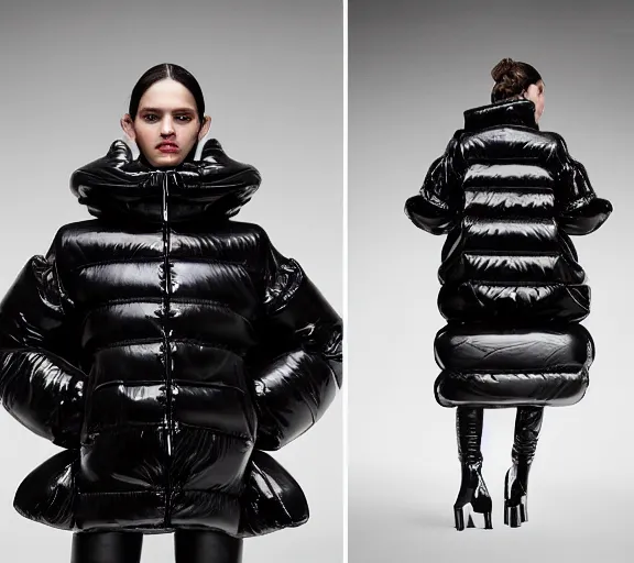 Image similar to well lit fashion shoot portrait of extremely beautiful female black marble statue wearing huge puffer jacket over size futuristic outerwear, puffer trouser, puffer jacket, puffer jacket by moncler genius, dingyun zhang, yeezy, balenciaga, vetements, sharp focus, clear, detailed, detailed, glamorous, symmetrical, vogue, editorial, fashion,