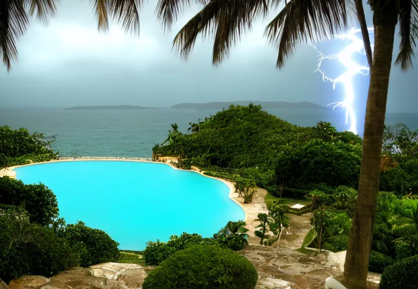 Prompt: Palace of the chalice, refracted sparkles, thunderstorm, greek pool, beach and Tropical vegetation on the background major arcana sky, 2005 blog, dslr camera IMG_4016