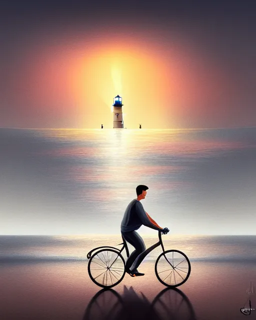 Image similar to photo of man riding a bicycle along the beach that is lit by glowing organisms underwater toward a lighthouse in the distance, wide horizon, large white clouds, intricate, elegant, highly detailed, digital painting, artstation, concept art, smooth, sharp focus, illustration, art by artgerm and greg rutkowski and fra angelico