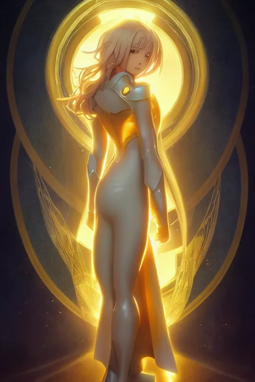 Image similar to anime key visual of a beautiful young female doctor fate!! intricate, cape, glowing, powers, dc comics, cinematic, stunning, highly detailed, digital painting, artstation, smooth, hard focus, illustration, art by artgerm and greg rutkowski and alphonse mucha