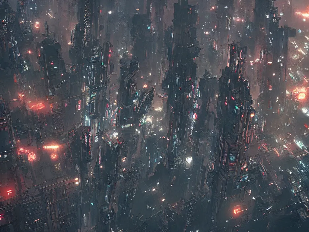 Image similar to looking down on the cyberpunk city from a battleship. cinematic scene, hyperdetailed, extra wide, japanese animation, greg rutkowski, james gurney, johannes voss, marc simonetti on artstation.