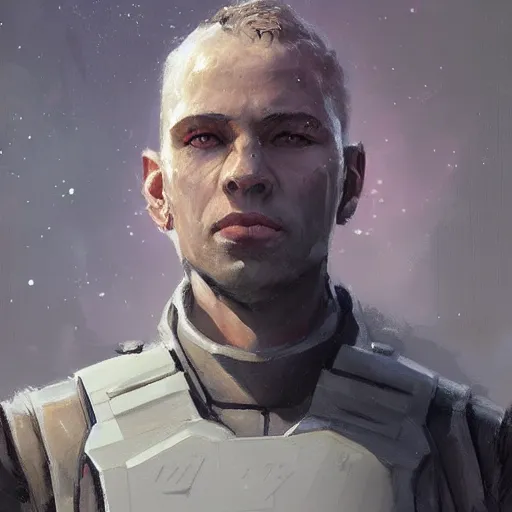 Image similar to concept art of a portrait by greg rutkowski, a soldier of the galactic dominion wearing gray and purple tactical gear, star wars expanded universe, smooth, sharp focus, artstation hq.