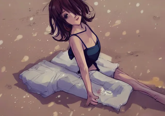 Image similar to A girl with short brown hair, wearing a white blouse, laying on a beach chair, drawn by WLOP, by Avetetsuya Studios, attractive character, colored sketch anime manga panel, trending on Artstation