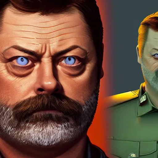 Image similar to “Nick Offerman (with accurate face) as soldier in the DOOM game, photorealistic 8k, original doom cover style”