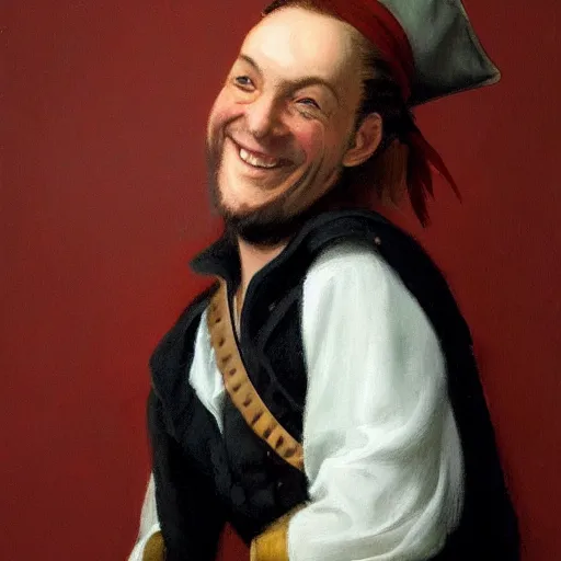 Image similar to a happy smiling loving pirate captain gazing into the horizon in the style of mary jane ansell.