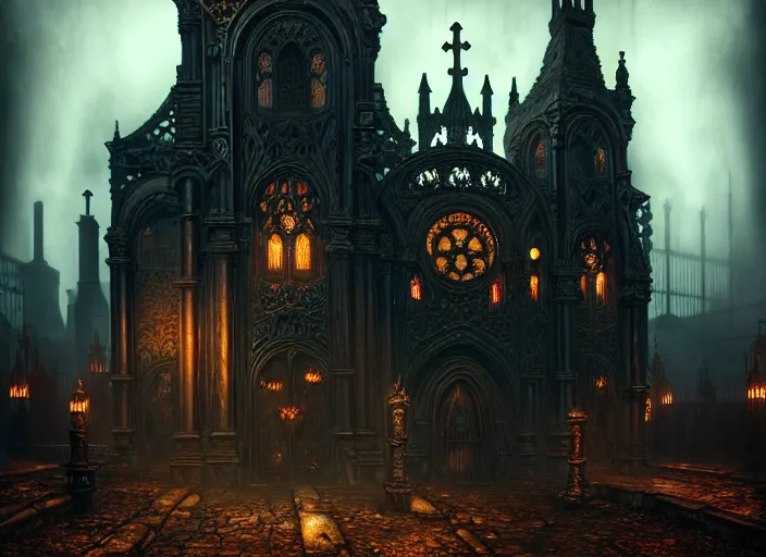 Image similar to steam necropolis, memento mori, gothic, neo - gothic, art nouveau, hyperdetailed copper patina medieval icon, stefan morrell, philippe druillet, ralph mcquarrie, concept art, steampunk, unreal engine, detailed intricate environment, octane render, moody atmospherics, volumetric lighting, ultrasharp, ominous, otherworldly