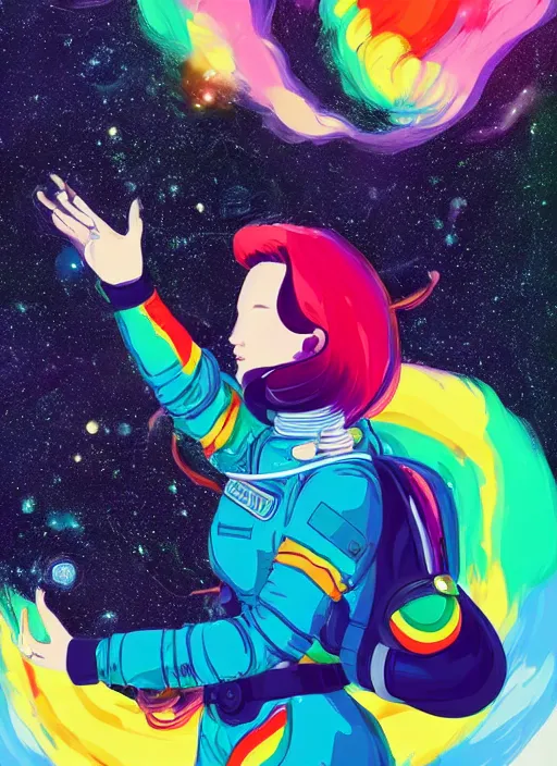 Image similar to a beautiful woman with rainbow hair floating in space. she is an astronaut, wearing a space suit. clean cel shaded vector art. shutterstock. behance hd by lois van baarle, artgerm, helen huang, by makoto shinkai and ilya kuvshinov, rossdraws, illustration, art by ilya kuvshinov