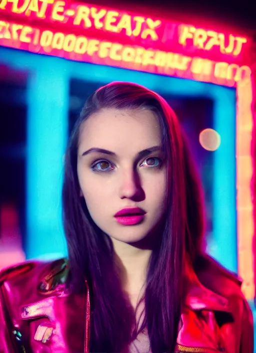 Prompt: A hyper realistic and detailed head portrait photography of young brunette female on a futuristic street. by David Dubnitskiy. Neo noir style. Cinematic. neon lights glow in the background. Cinestill 800T film. Lens flare. Helios 44m