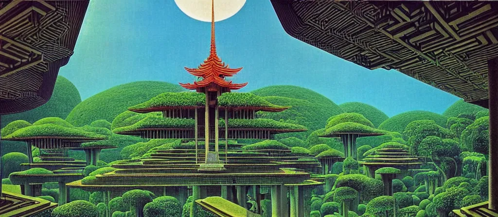 Image similar to huge gargantuan angular dimension of pagoda liminal spaces, temples by escher and ricardo bofill. utopian singaporean landscape by roger dean. magical realism, surrealism, lush sakura trees, waterfalls, thunder, lightning, cyberpunk, shot from below, epic scale