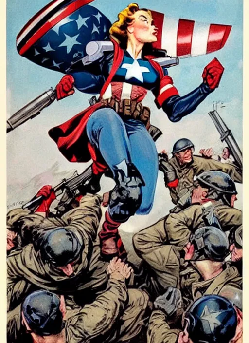 Prompt: beautiful female captain america standing on a pile of defeated and beaten german soldiers. feminist captain america wins wwii. american wwii propaganda poster by james gurney. gorgeous face. overwatch