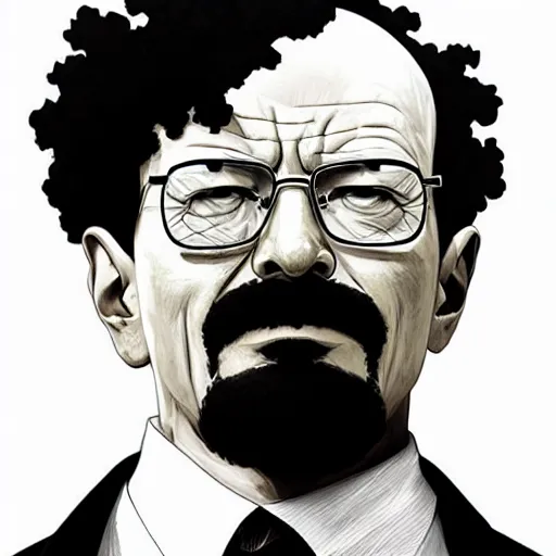 Image similar to walter white with an afro and a giant mustache, digital painting masterpiece, gorgeous brush strokes, advanced lighting technology, by shigenori soejima