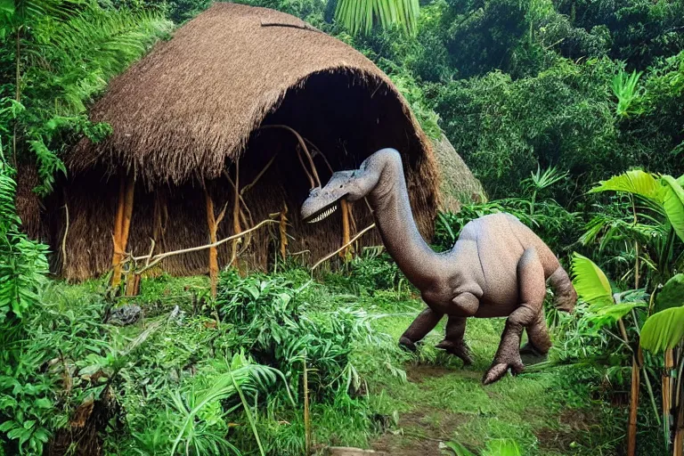 Image similar to a 4 meter tall previously unknown living bipedal herbivore dinosaur destroying hut by eating the thatched roof in a small jungle settlement, shaky grainy amateur photos by witnesses