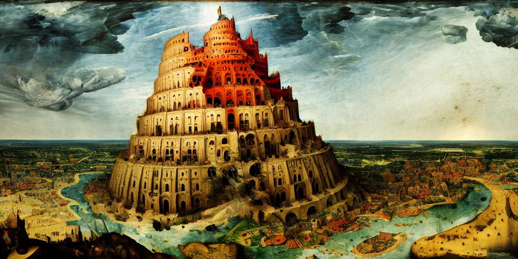 Image similar to The Tower of Babel by Bruegel arounded by a fiery thunderstorm with a tornado, trending on artstation, artstationHD, photorealistic